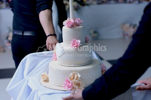 A multilevel white wedding cake with lace and pink and beige roses on top