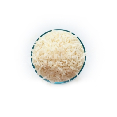 A rice with white bowl isolated white top view at the studio