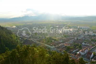 Aerial view of romanian city rasnov taken from the top of the fo