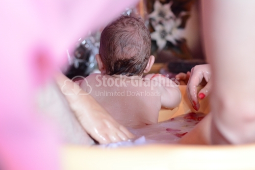 Baby with back, in bathtub
