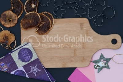 Baking background with dried fruits and christmas elements