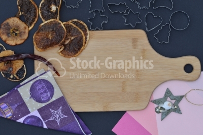 Baking background with dried fruits and kitchen tools