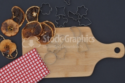 Baking background with dried fruits, and kitchen tools