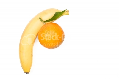 Banana and orange on a white background