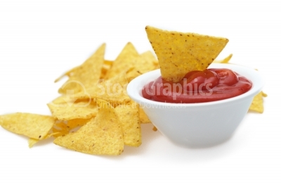 Bowl of salsa with tortilla chips on white background