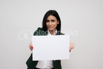 Business woman holding a banner - isolated over a white backgrou