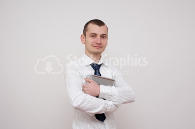 Businessman showing metal container