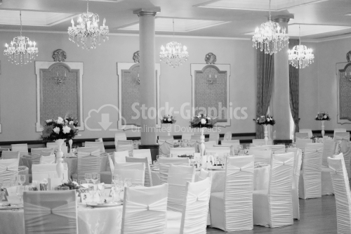 Chairs and tables on a wedding day in black and white