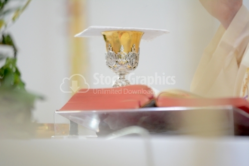 Chalice on the table in a Catholic church