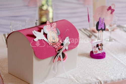Christian baptism box for money. Boxes for gifts. Decorated with Minnie Mouse