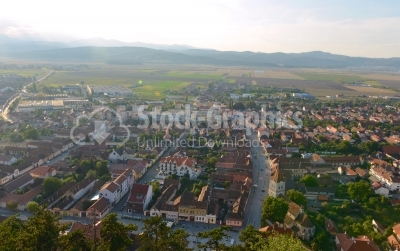 City Rasnov aerial view taken from the top of the fortress.