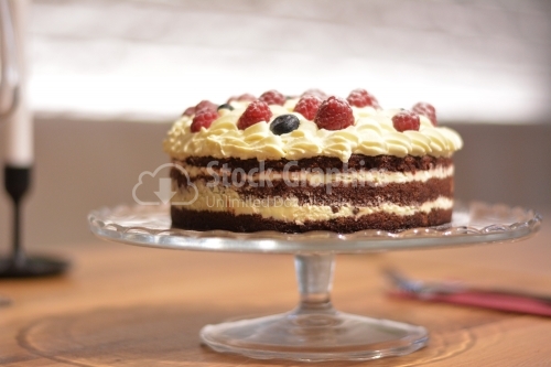 Cocoa cake, vanilla cream and berries.