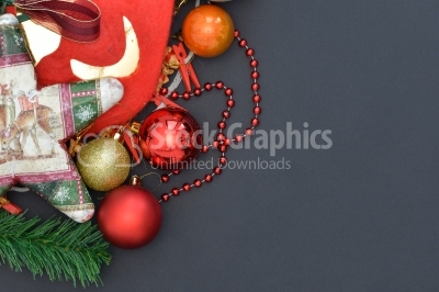 Dark christmas background with christmas decoration, top view