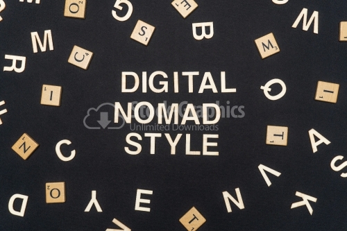 DIGITAL NOMAD STYLE word written on dark paper background. DIGITAL NOMAD STYLE text for your concepts