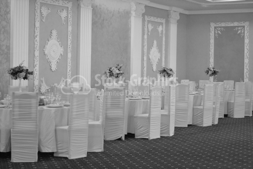 Elegant room for wedding with white decorations