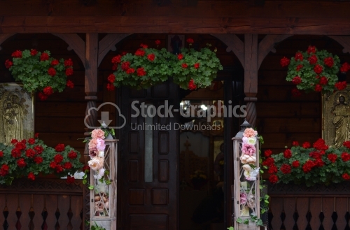 Entrance of an orthodox wooden sketch. Wooden church