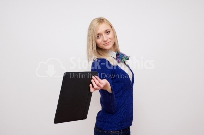 Excited blonde holding documents