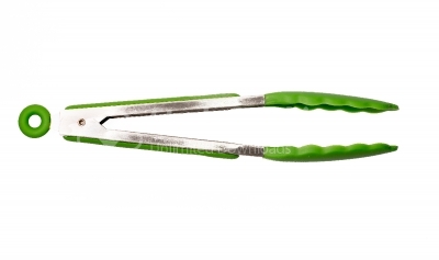Green cooking tongs on a white background