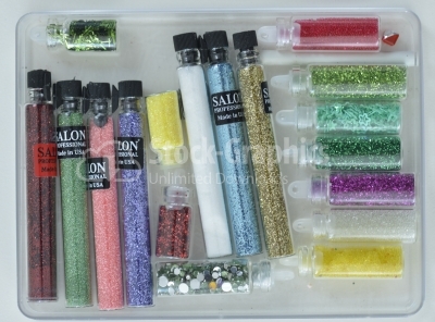 Large professional set of paints and glitter for manicure