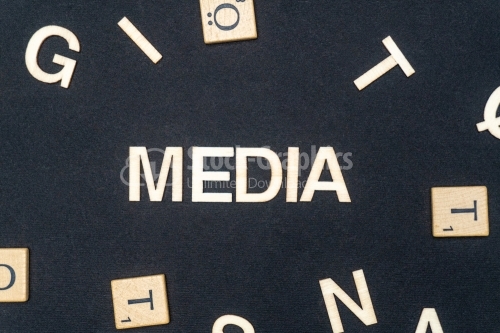 MEDIA word written on dark paper background. MEDIA text for your concepts