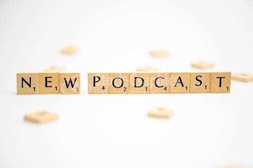 NEW PODCAST word written on white background. NEW PODCAST text on white