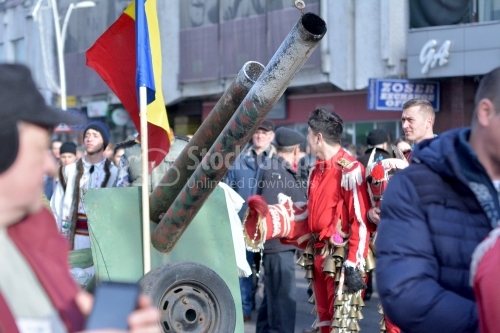 Old army cannon brought to the winter festival. Authentic traditional from Romania