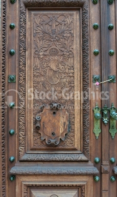 Old castle wooden door and wall architecture