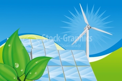 Panels with solar cells and wind generators on a green field wit
