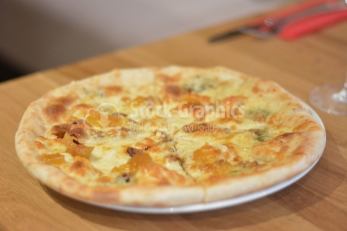 Pizza quattro formaggi with four kinds of cheese. Template for your design and menu of restaurant.