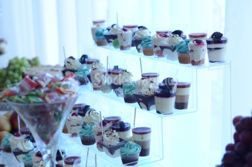Pudding of different flavors combined with muffin, placed on a transparent support