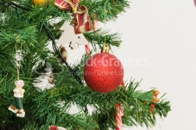Red christmas ornaments on the Christmas tree