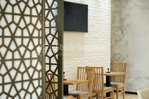 Restaurant decor. Furniture. Wallpaper. The cheerful corner.