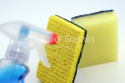 Set of cleaning products. Spray Cleaner  and sponge on white bac