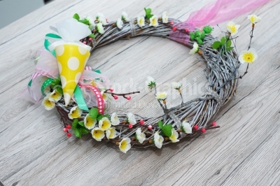 Spring wreath on wood table