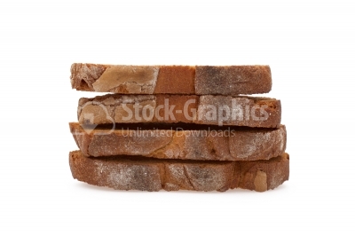 Stack of toasted bread on white background