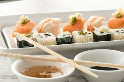 Sushi nigiri set on a white plate