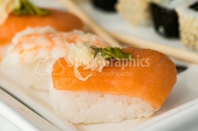 Sushi with salmon close up