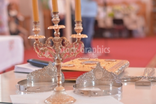 Two ceremonial silver crowns as orthodox wedding accessories