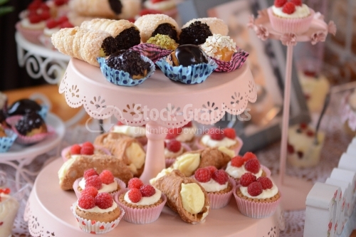 Variety of cakes: vanilla rolls, mini chocolate eclairs, mini tarts with whipped cream and raspberries