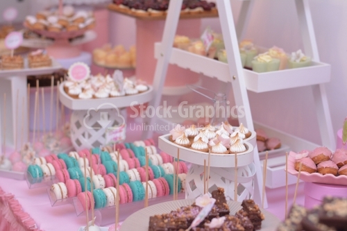 Various and colorful cakes; macarons, meringue, fondant
