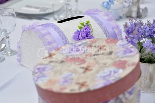 Wedding decorative box with roses and purple lace, chest for gifts and money