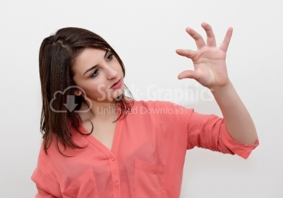 Woman showing small amount of something with fingers, isolated o