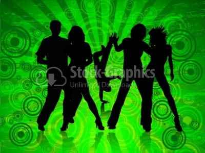 Happy people dancing on green background